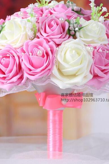 2016 Arrival Romantic Ivory&amp;amp;pink Bridal Bridesmaid Handmade Artificial Rose Wedding/bridesmaid Bouquets Accessory