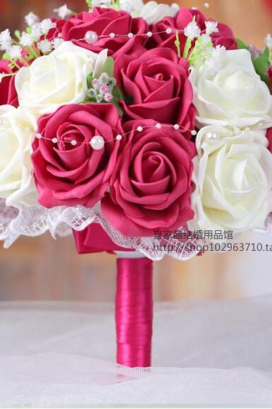 2016 Cheap New Arrival Romantic Ivory&Red Bridal Bridesmaid Handmade Artificial Rose Wedding/Bridesmaid Bouquets Accessory 