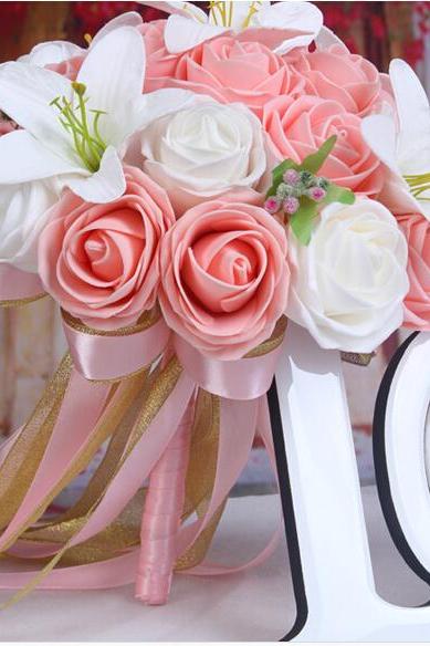 2016 Cheap Romantic White&Pink Bridal Bridesmaid Flowers Handmade Artificial Rose Wedding/Bridesmaid Bouquets Bridal Accessory