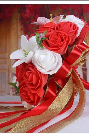 2016 Cheap Romantic White&Red Bridal Bridesmaid Flowers Handmade Artificial Rose Wedding/Bridesmaid Bouquets Bridal Accessory