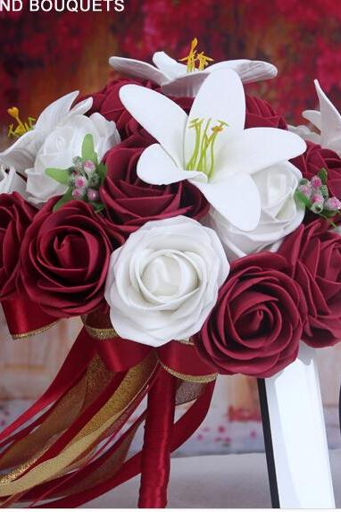 2016 Cheap Romantic White&Red Wine/Burgundy Bridal Bridesmaid Flowers Handmade Artificial Rose Wedding/Bridesmaid Bouquets Bridal Accessory