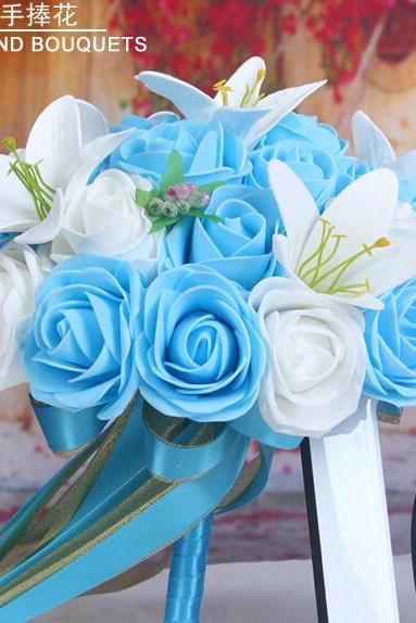 2016 Cheap Romantic White&Blue Bridal Bridesmaid Flowers Handmade Artificial Rose Wedding/Bridesmaid Bouquets Bridal Accessory
