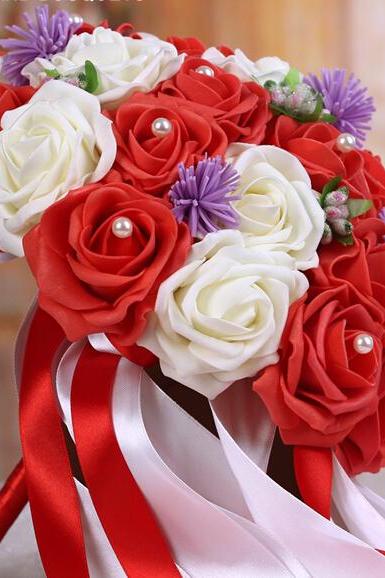 2016 Cheap Romantic Red&Pink Wine Bridal Bridesmaid Flowers Handmade Artificial Rose Wedding/Bridesmaid Bouquets Bridal Accessory