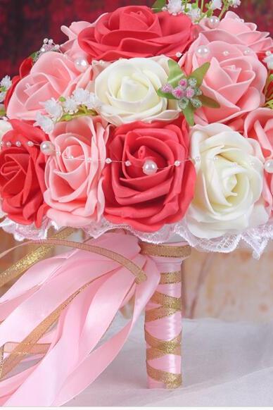 2016 Romantic Ivory&amp;amp;red&amp;amp;pink Bridal Bridesmaid Flowers Handmade Artificial Rose Wedding/bridesmaid Bouquets Bridal