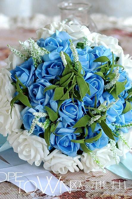 2016 Romantic High Quality Dark Blue&amp;amp;white Colorful Bridal Bridesmaid Flowers Handmade Artificial Rose Wedding/bridesmaid Bouquets