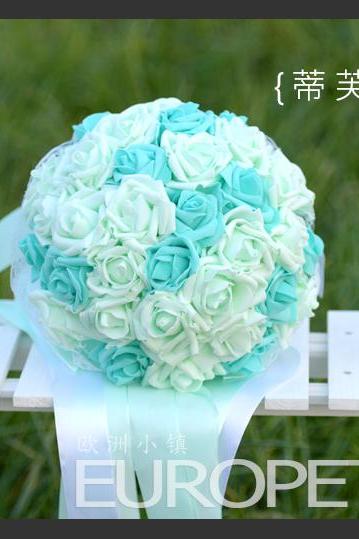 2016 Cheap Romantic High Quality Pink and Blue Colorful Bridal Bridesmaid Flowers Handmade Artificial Rose Wedding/Bridesmaid Bouquets Bridal Accessory