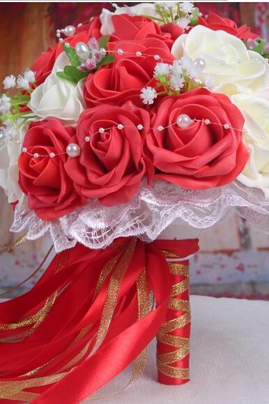 2016 30 Pieces Flowers Romantic Ivory&amp;amp;red Bridal Bridesmaid Handmade Artificial Rose Wedding/bridesmaid Bouquets Accessory