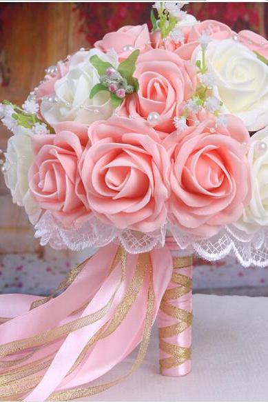 2016 30 Pieces Flowers Romantic Ivory&amp;amp;pink Bridal Bridesmaid Handmade Artificial Rose Wedding/bridesmaid Bouquets Accessory