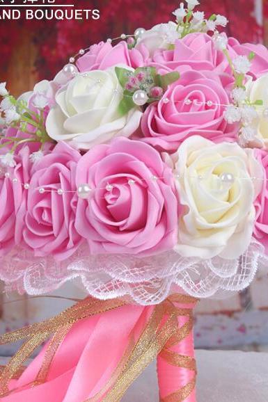 2016 30 Pieces Flowers Cheap Romantic Ivory&Light Pink Bridal Bridesmaid Handmade Artificial Rose Wedding/Bridesmaid Bouquets Accessory