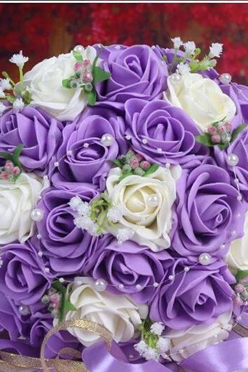 2016 30 Pieces Flowers Cheap Romantic Purple Bridal Bridesmaid Handmade Artificial Rose Wedding/Bridesmaid Bouquets Accessory