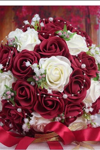 2016 30 Pieces Flowers Cheap Romantic Burgundy/Red Wine Bridal Bridesmaid Handmade Artificial Rose Wedding/Bridesmaid Bouquets Accessory