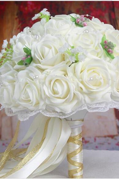 2016 30 Pieces Flowers Cheap Romantic Ivory Bridal Bridesmaid Handmade Artificial Rose Wedding/Bridesmaid Bouquets