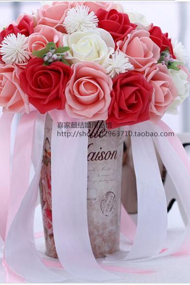2016 30 Pieces Flowers Cheap Romantic White&Pink&Red Bridal Bridesmaid Handmade Artificial Rose Wedding/Bridesmaid Bouquets