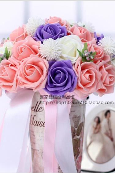 2016 30 Pieces Flowers Romantic White&amp;amp;pink&amp;amp;purple Bridal Bridesmaid Handmade Artificial Rose Wedding/bridesmaid Bouquets