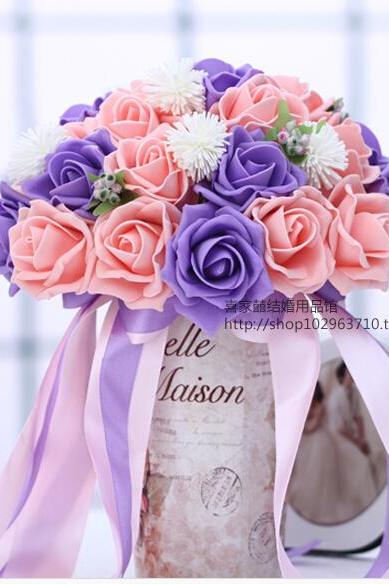 2016 30 Pieces Flowers Cheap Romantic Pink&Purple Bridal Bridesmaid Handmade Artificial Rose Wedding/Bridesmaid Bouquets