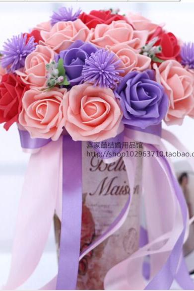 2016 30 Pieces Flowers Romantic Pink&amp;amp;red&amp;amp;purple Bridal Bridesmaid Handmade Artificial Rose Wedding/bridesmaid Bouquets