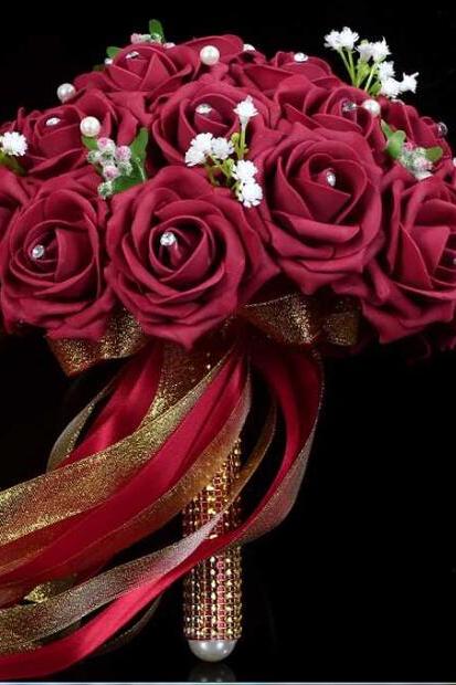 2016 Arrival Flowers Romantic Burgundy/red Wine Bridal Bridesmaid Handmade Artificial Rose Wedding/bridesmaid Bouquets