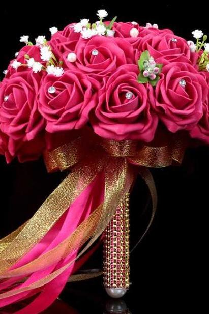 2016 Arrival Flowers Romantic Fuchisa Red Wine Bridal Bridesmaid Handmade Artificial Rose Wedding/bridesmaid Bouquets