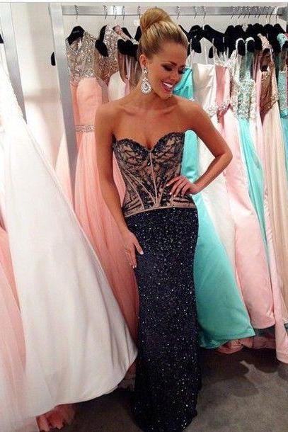 2016 Evening Dresses New Arrival Cheap Sexy Mermaid Dark Navy Sequins Lace Beads Long Formal Long Prom Party Gowns Gown