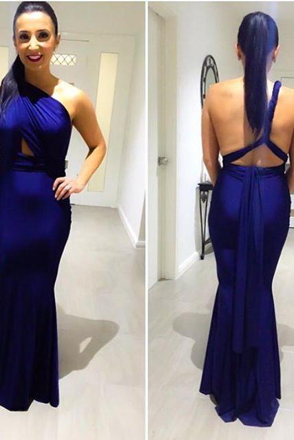 2016 Evening Dresses New Cheap Sexy Mermaid Blue One Shoulder Backless Satin Formal Long Prom Party Dress Gown Abendkleider
