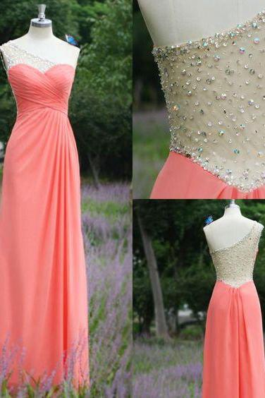 Real Image 2016 Sexy A-line Prom Dresses A-line Watermelon One Shoulder Chiffon Rhinestones Backless Formal Evening Party Gowns