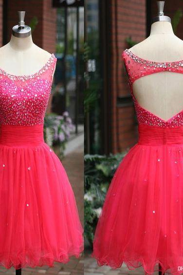 2016 Real Iamge Prom Dresses Sexy Cheap A-line Watermelon Scoop Keyhole Back Organza Mini Short Formal Party Gowns robes de bal