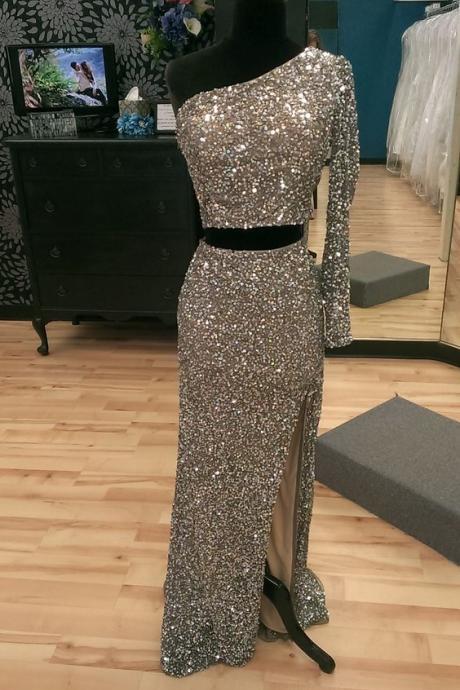 Real Iamge Prom Dresses Sexy Mermaid Bling Sparkle Luxury One Shoulder Side Slit Sequins Lace Formal Party Gowns