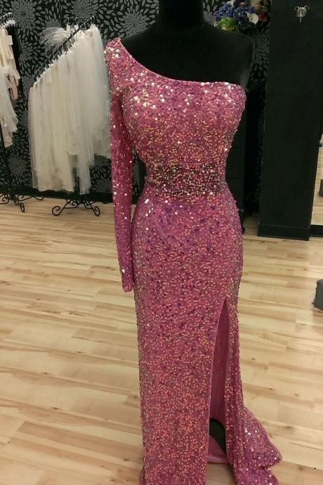 2016 Real Iamge Prom Dresses Sexy Mermaid Bling Sparkle Luxury One Shoulder Side Slit Sequins Lace Formal Party Gowns