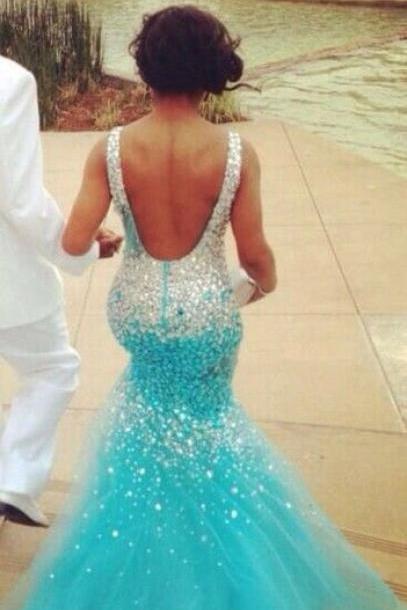 2016 Real Iamge Prom Dresses New Sexy Cheap Mermaid Bling Sparkle Luxury Turquoise Rhinestones Backless Long Formal Party Gowns