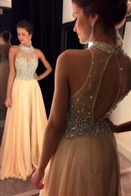 2016 Prom Dresses New Arrival Sexy Cheap A-line Sheer Neck Rhinestones Beads Crystals See-through Back Chiffon Prom Dress Long Formal Evening Dress Party Prom Gowns