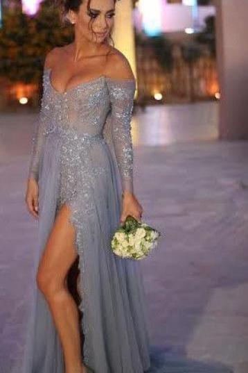 Prom Dresses New Arrival Sexy Cheap A-line Turquoise V-neck Off Shoulder Grey Side Slit Lace Prom Dress Long Formal Evening Dress Party Prom Gowns