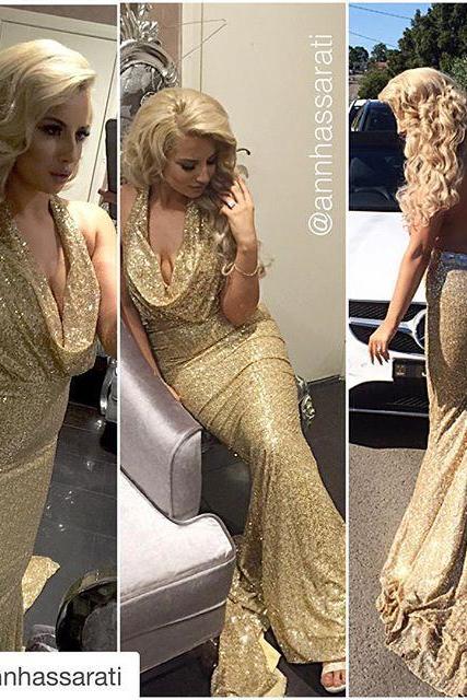 Prom Dresses Sexy Cheap Mermaid Luxury Sparkle Bling Golden V-Neck Sequins Lace Backless Prom Dress Long Formal Evening Dress Party Prom Gowns