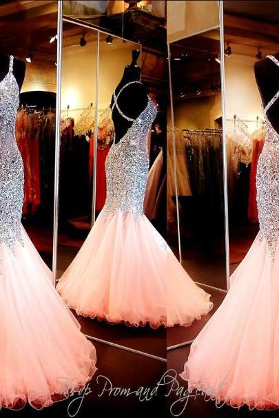 Gorgeous Coral Mermaid Prom Dresses 2016 V Neck Luxury Crystal Tulle Beaded Backless Sequin Long Evening Formal Gowns