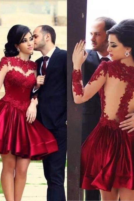 fashion sexy short prom dresses 2016 long sleeve appliques lace red satin women cocktail gown for party vestidos de fiesta