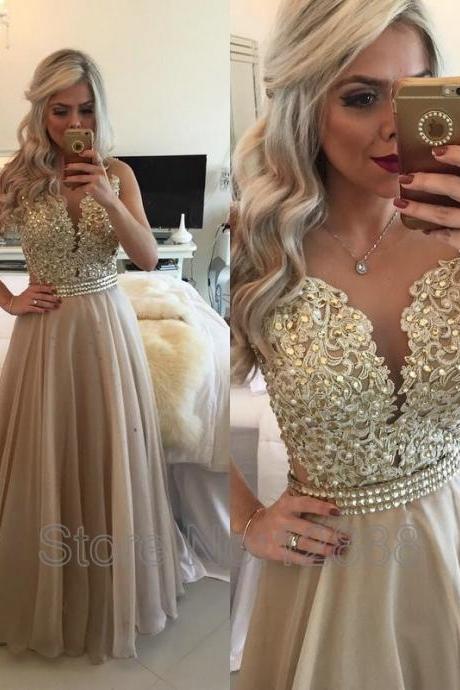 Evening Dress Gold Champagne Lace Applique Formal Gowns Long Organza See Through Back 2016 robe de soiree long