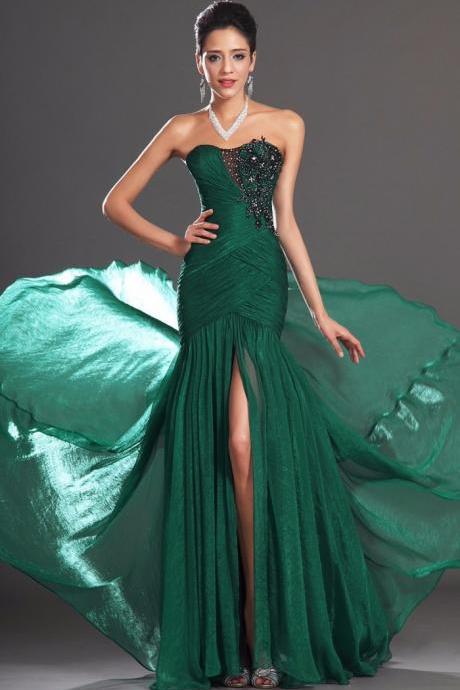 Mermaid Formal Dress Sweetheart Court Train Real Image Beaded Open Slit Green Chiffon Evening Dress 2016 New Elegant Dress