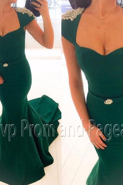 Long Evening Dress Mermaid Trumpet Style Cap Sleeve Women Formal Dresses Pearls Emerald Green Evening Dresses With A Train