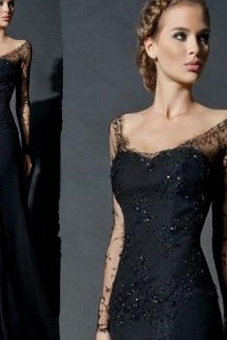 Sexy Side Slit Long Sleeves Lace Evening Dress Black Women Chiffon Formal Lace Evening Gowns China robe de soiree abendkleider