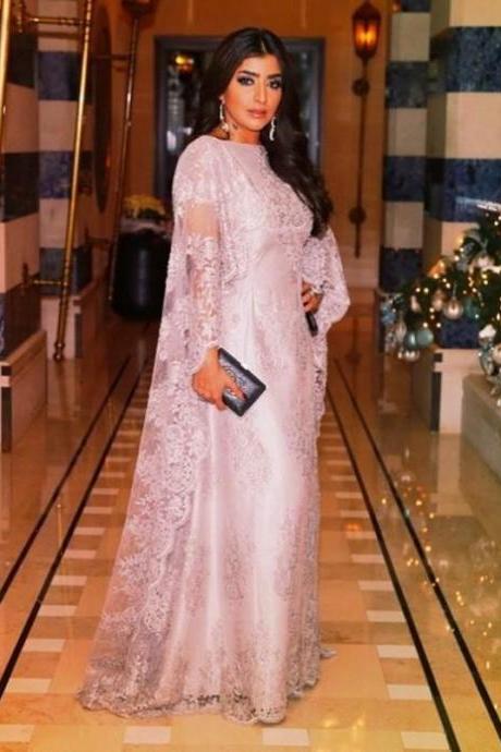 Kaftans Elegant Dubai Long Sleeve Muslim Evening Dresses Pink Lace Arabic Style Evening Gown Dresses 