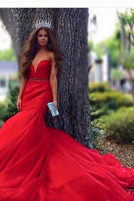 Hot Sale Evening Dresses Sweetheart Beading Red Mermaid Satin Long Train Weddings & Events Formal Gown Robe De Soiree