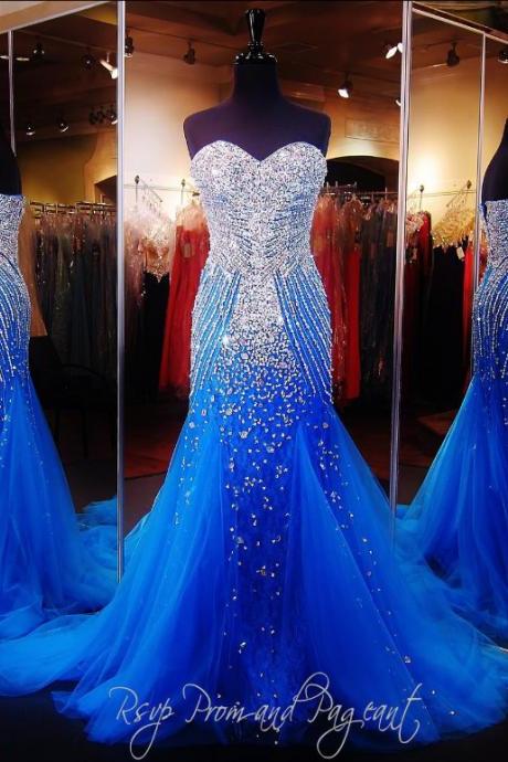 Vestido Longo Royal Blue Long Dress Party Evening Beaded Crystals Elegant Custom Made Cheap Formal Prom Dresses