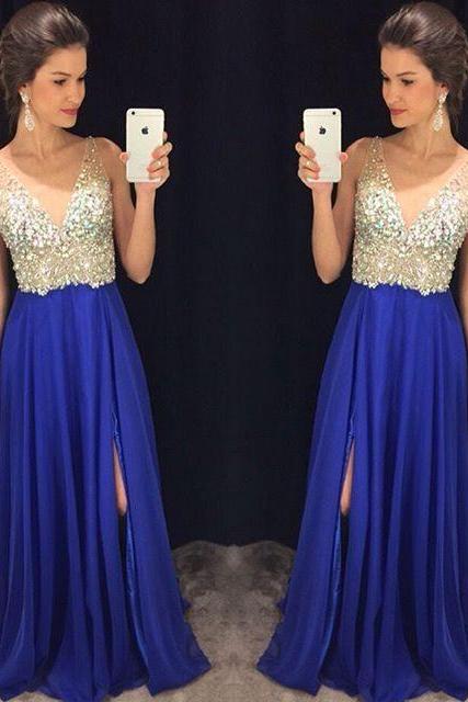 Ever Beauty Robe De Soiree Royal Blue Evening Gowns 2016 A-line Long Beaded V-neck Formal New Arrived Evening Dresses