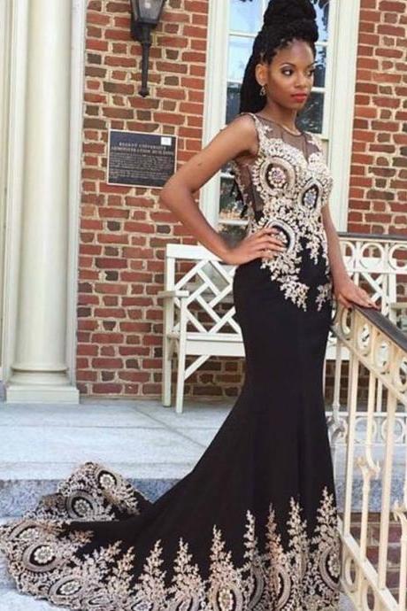 New Design Black Long Prom Dresses 2016 O-Neck Sleeveless Mermaid Floor Length Gold Appliques New Evening Dress