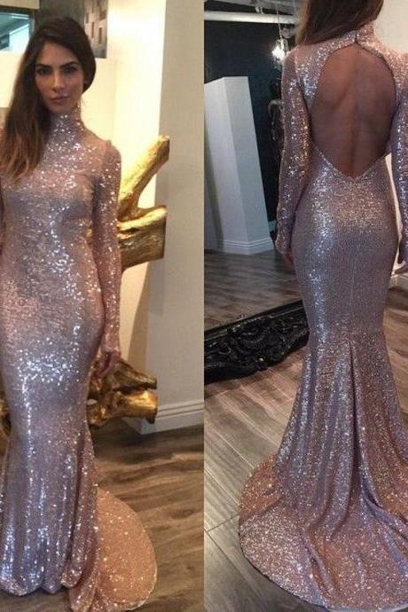 Silver Sequins Long Sleeve Evening Dresses Sexy Open Back High Collar Mermaid Bling Bling Prom Dress Party Gowns