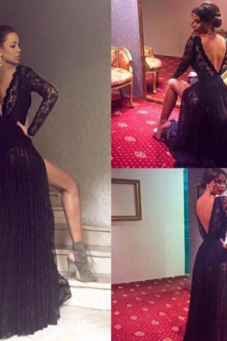  Long Prom Dress Black All Over Lace A-Line Full Sleeves Open Back Sweep Train Prom Dresses 2016 Vestidos