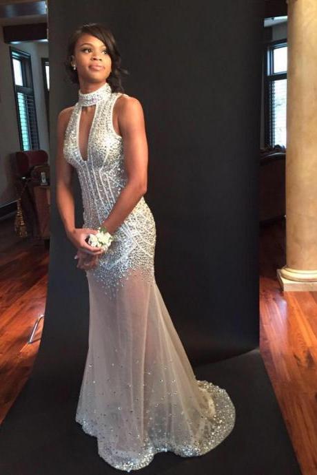 2016 Prom Dresses Sexy Mermaid Ivory Rhinestones Beads Long Prom Dress Backless Formal Long Evening Dress Party Gowns