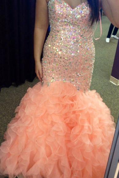 Prom Dresses Sexy Luxury Sparkle Bling Mermaid Orange Crystal Party Dress Gowns Prom Dress Sleeveless Formal Dresses