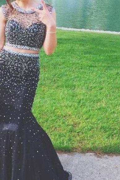  Prom Dresses Sexy Two 2 Pieces Black Beads Crystal Sheer Back Long Evening Dresses Formal Dress Prom Dress Evening Gowns