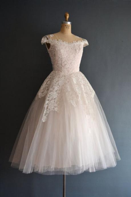 1950S Vintage Ball Gown Wedding Dresses Crew Neck Lace Accents Mini Short Brdial Gowns