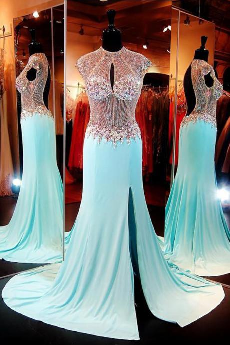 Luxuriours High Neck Baby Blue Split Open Back Sweep Train Prom Dress With Beading